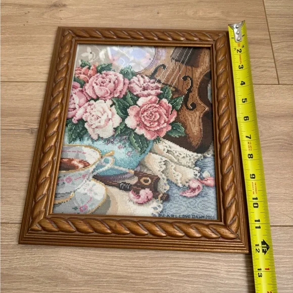 Vintage Framed Needlepoint Violin Flowers Floral Cross Stitch Art Wall - Picture 8 of 8